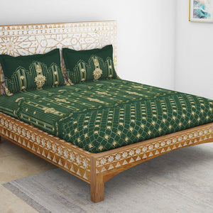 Carving Ornate Dark Green 100% Cotton King Size Bedsheet - Rangana by Spaces