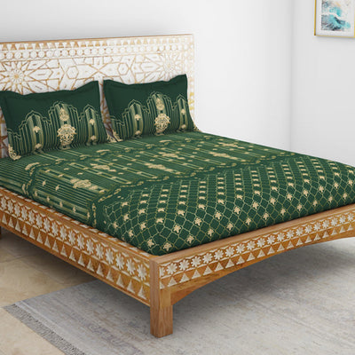 Carving Ornate Dark Green 100% Cotton King Size Bedsheet - Rangana by Spaces