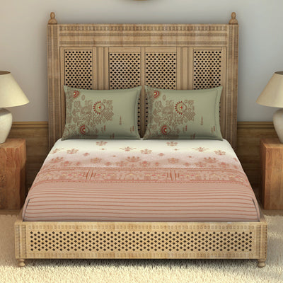 Godna Ornate Beige 100% Cotton King Size Bedsheet - Rangana by Spaces