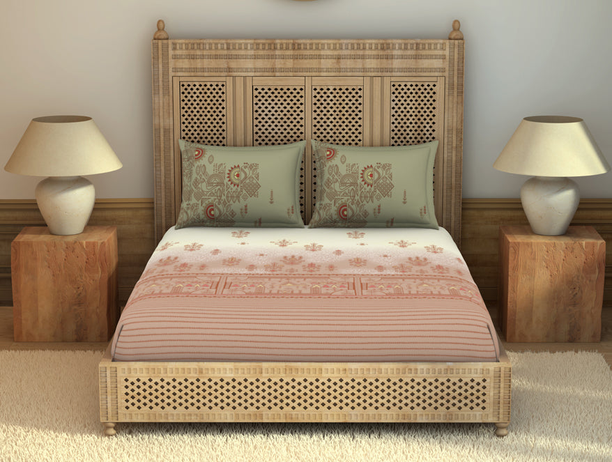Godna Ornate Beige 100% Cotton King Size Bedsheet - Rangana by Spaces