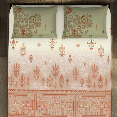 Godna Ornate Beige 100% Cotton King Size Bedsheet - Rangana by Spaces