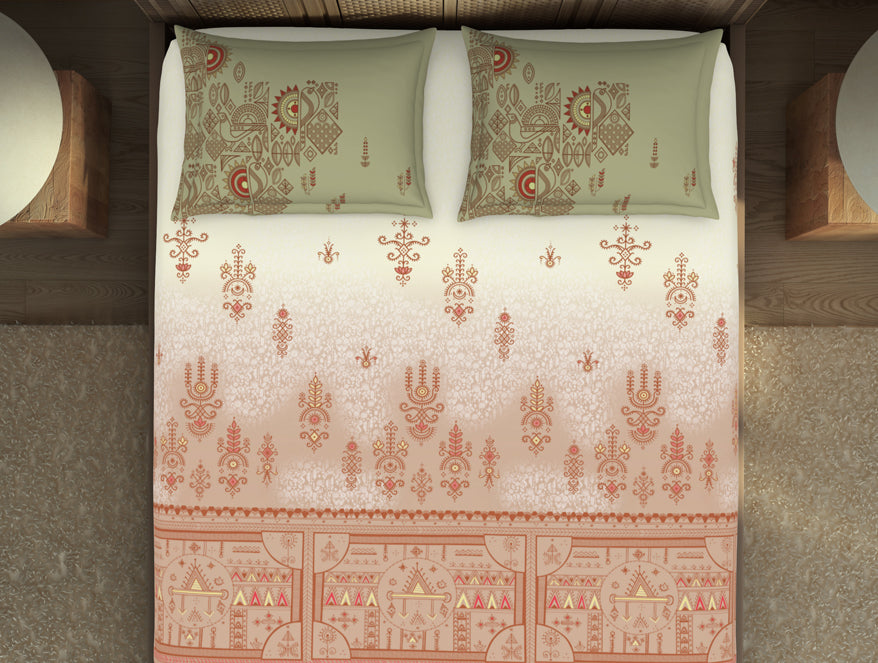Godna Ornate Beige 100% Cotton King Size Bedsheet - Rangana by Spaces