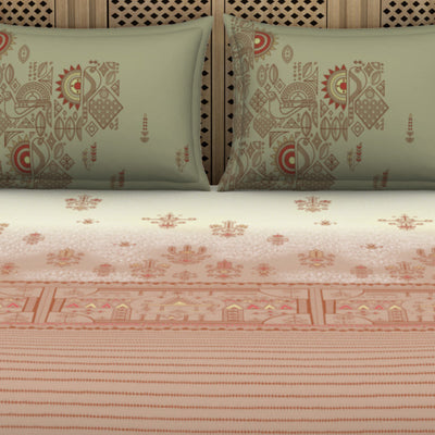 Godna Ornate Beige 100% Cotton King Size Bedsheet - Rangana by Spaces