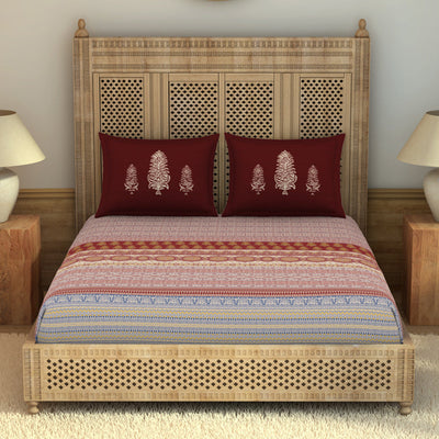 Ajrak Ornate Red 100% Cotton King Size Bedsheet - Rangana by Spaces