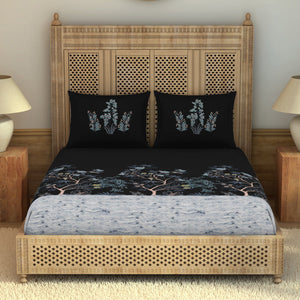 Gara Floral Dark Grey 100% Cotton King Size Bedsheet - Rangana by Spaces