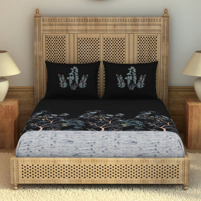 Gara Floral Dark Grey 100% Cotton King Size Bedsheet - Rangana by Spaces