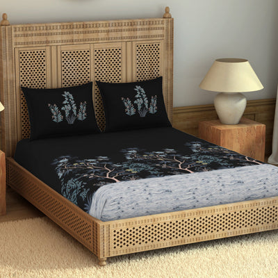 Gara Floral Dark Grey 100% Cotton King Size Bedsheet - Rangana by Spaces