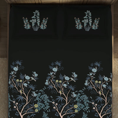 Gara Floral Dark Grey 100% Cotton King Size Bedsheet - Rangana by Spaces