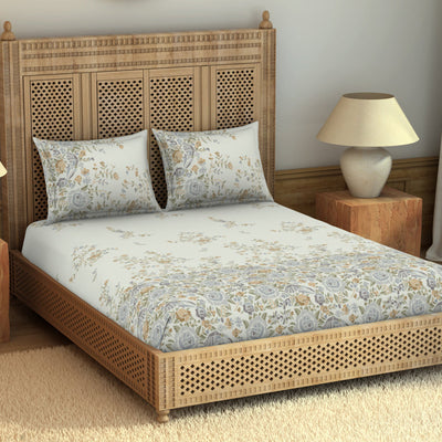Gara Floral Light Blue 100% Cotton King Size Bedsheet - Rangana by Spaces