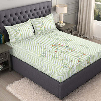 Floral Light Green 100% Cotton King Size Bedsheet Organic Cotton - By Spaces