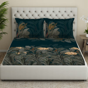 Floral Dark Teal 100% Cotton King Size Bedsheet Elegance - By Elegance