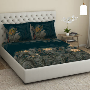 Floral Dark Teal 100% Cotton King Size Bedsheet Elegance - By Elegance