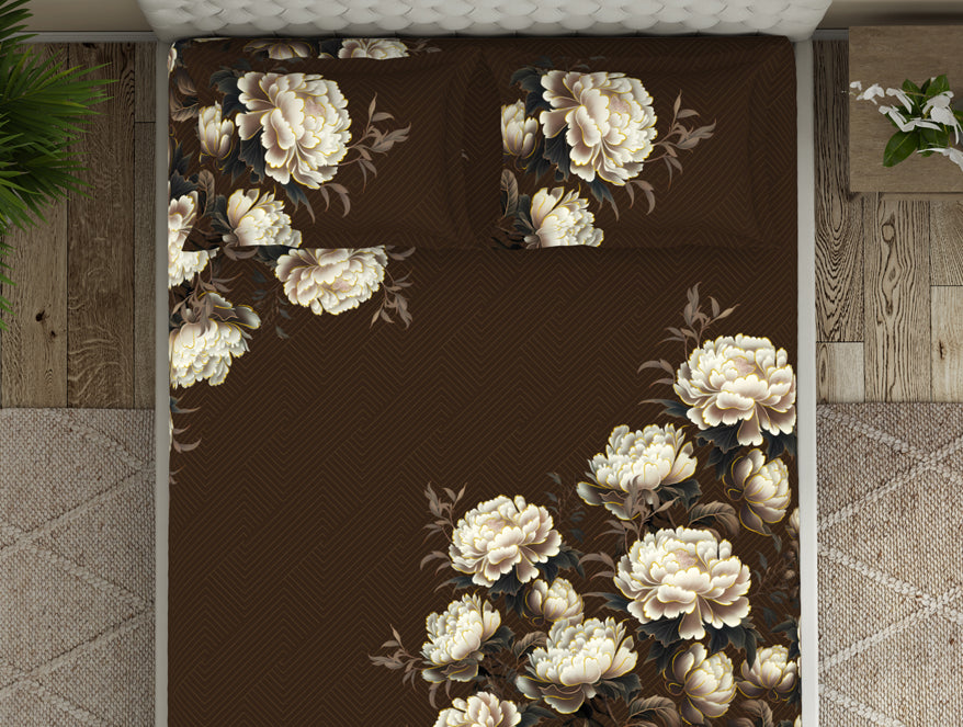 Floral Dark Brown 100% Cotton King Size Bedsheet Elegance - By Elegance
