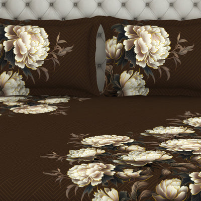 Floral Dark Brown 100% Cotton King Size Bedsheet Elegance - By Elegance