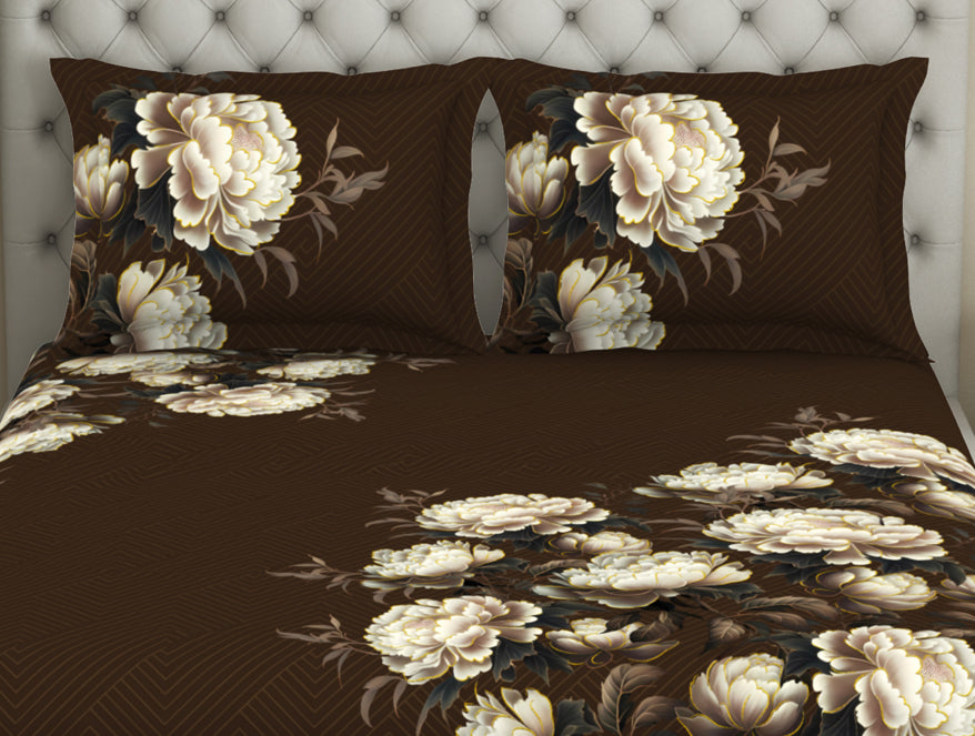 Floral Dark Brown 100% Cotton King Size Bedsheet Elegance - By Elegance