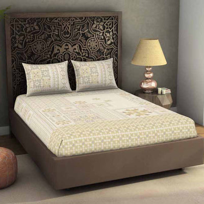 Geometric Beige 100% Cotton King Size Bedsheet Rangana Digital - By Spaces