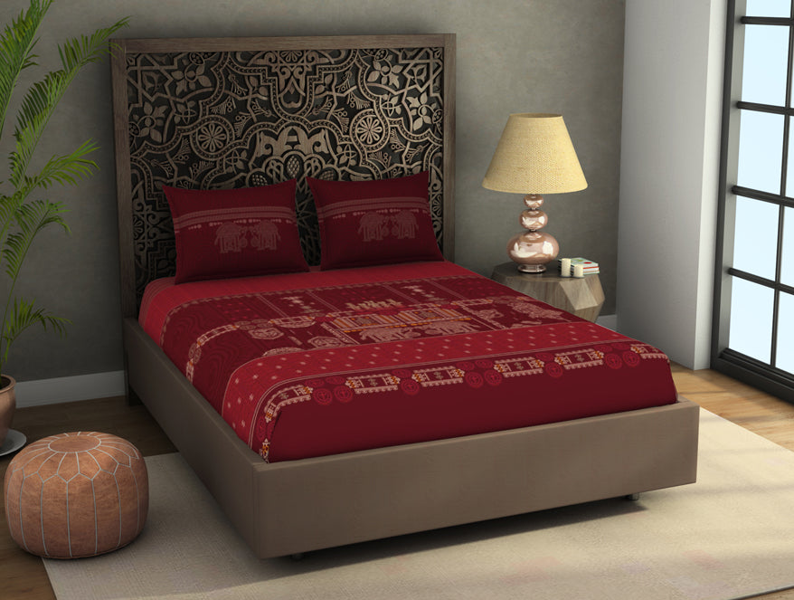 Ornate Dark Red 100% Cotton King Size Bedsheet Rangana Digital - By Occasions