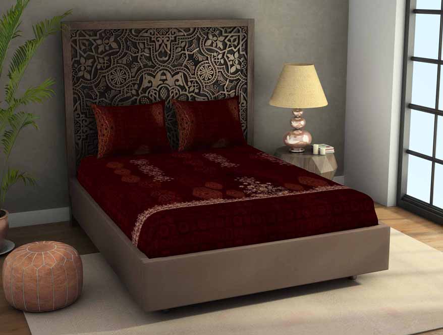 Ornate Dark Red 100% Cotton King Size Bedsheet Rangana Digital - By Spaces