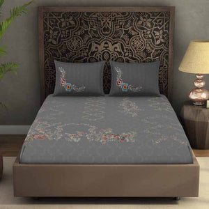 Floral Grey 100% Cotton King Size Bedsheet Rangana Digital - By Spaces