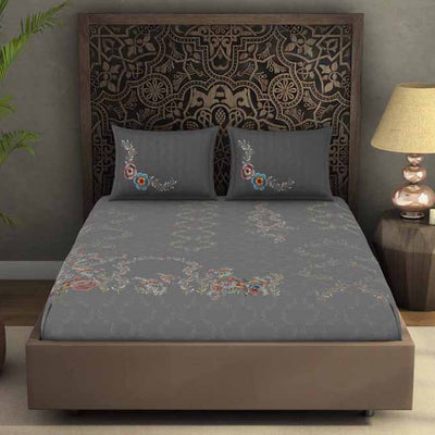 Floral Grey 100% Cotton King Size Bedsheet Rangana Digital - By Spaces
