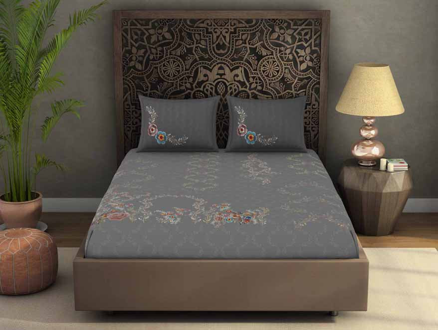 Floral Grey 100% Cotton King Size Bedsheet Rangana Digital - By Spaces