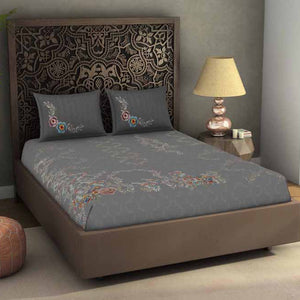 Floral Grey 100% Cotton King Size Bedsheet Rangana Digital - By Spaces