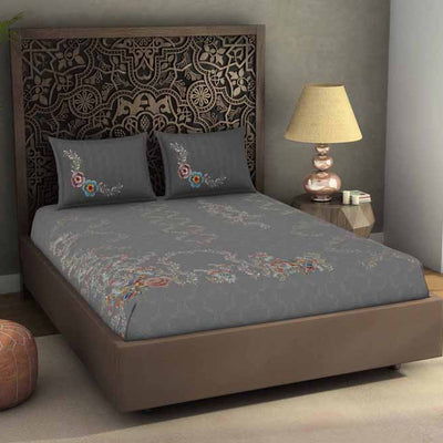 Floral Grey 100% Cotton King Size Bedsheet Rangana Digital - By Spaces