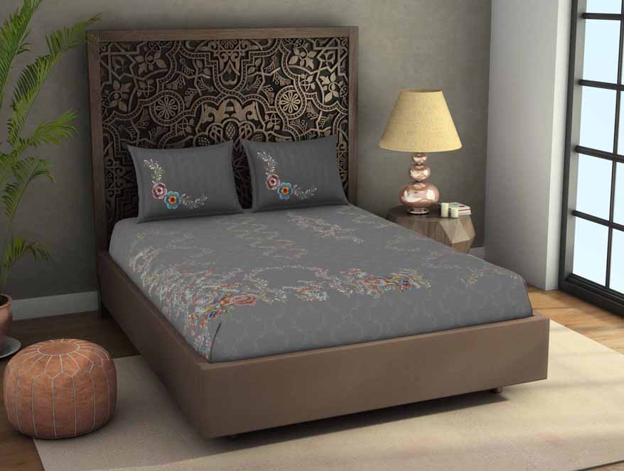 Floral Grey 100% Cotton King Size Bedsheet Rangana Digital - By Spaces