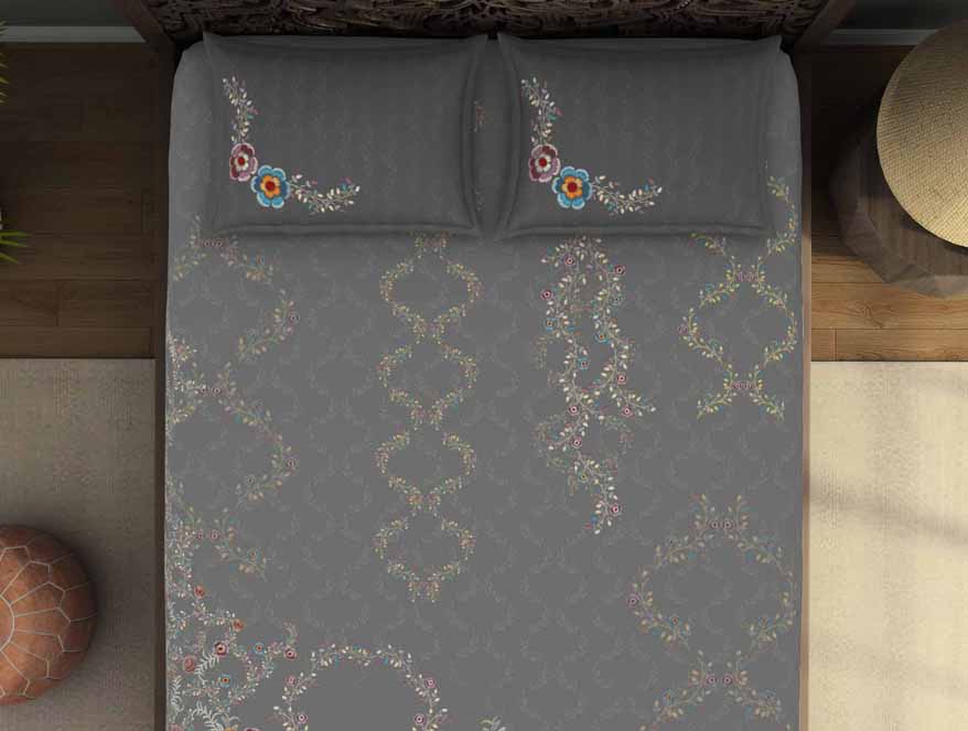 Floral Grey 100% Cotton King Size Bedsheet Rangana Digital - By Spaces