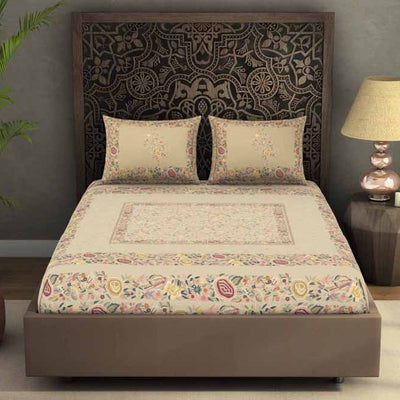Floral Beige 100% Cotton King Size Bedsheet Rangana Digital - By Spaces