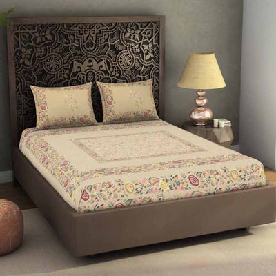 Floral Beige 100% Cotton King Size Bedsheet Rangana Digital - By Spaces