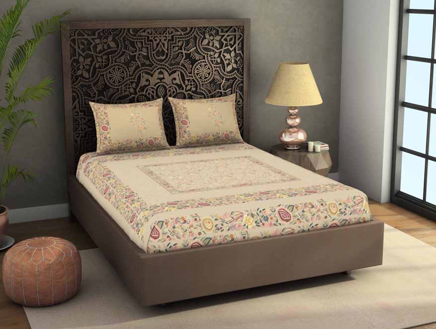 Floral Beige 100% Cotton King Size Bedsheet Rangana Digital - By Spaces