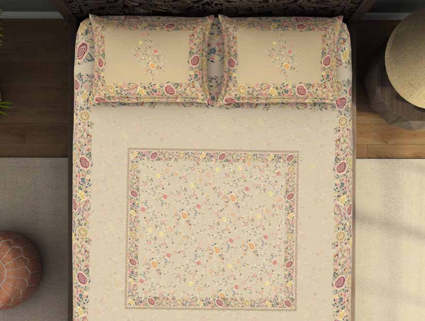 Floral Beige 100% Cotton King Size Bedsheet Rangana Digital - By Spaces