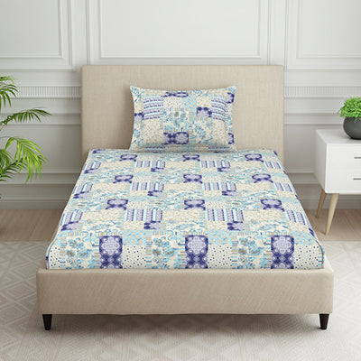Geometric Blue Polycotton Bedsheets Single Harmony - By Welspun