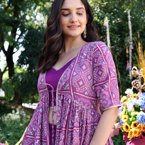 Geometric Purple Elegance Printed Satin Sharara Set