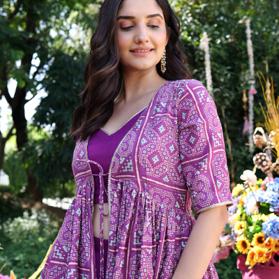 Geometric Purple Elegance Printed Satin Sharara Set
