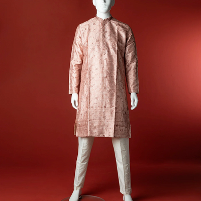 Peach Floral Embroidered Kurta With White Straight Fit Pants-Peach