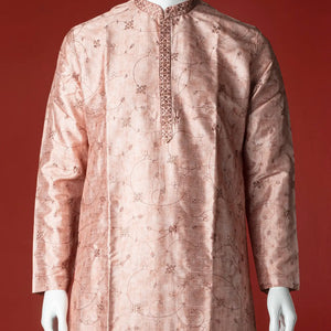 Peach Floral Embroidered Kurta With White Straight Fit Pants-Peach