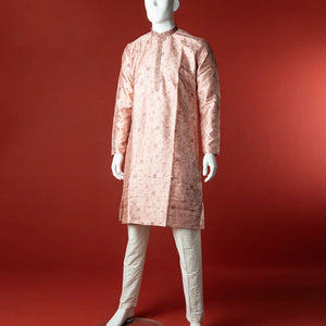 Peach Floral Embroidered Kurta With White Straight Fit Pants-Peach