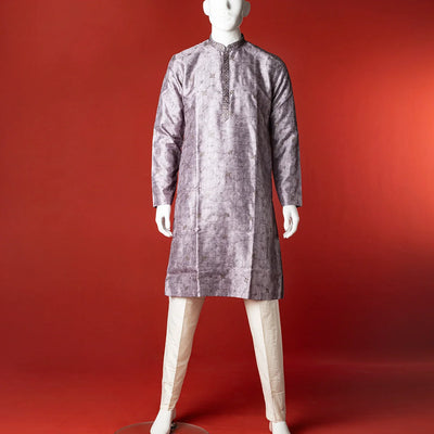 Grey Floral Embroidered Kurta With White Straight Fit Pants-Grey