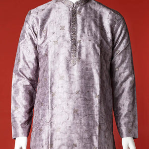 Grey Floral Embroidered Kurta With White Straight Fit Pants-Grey