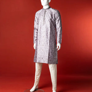 Grey Floral Embroidered Kurta With White Straight Fit Pants-Grey