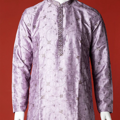 Purple Floral Embroidered Kurta With White Straight Fit Pants-Purple-40
