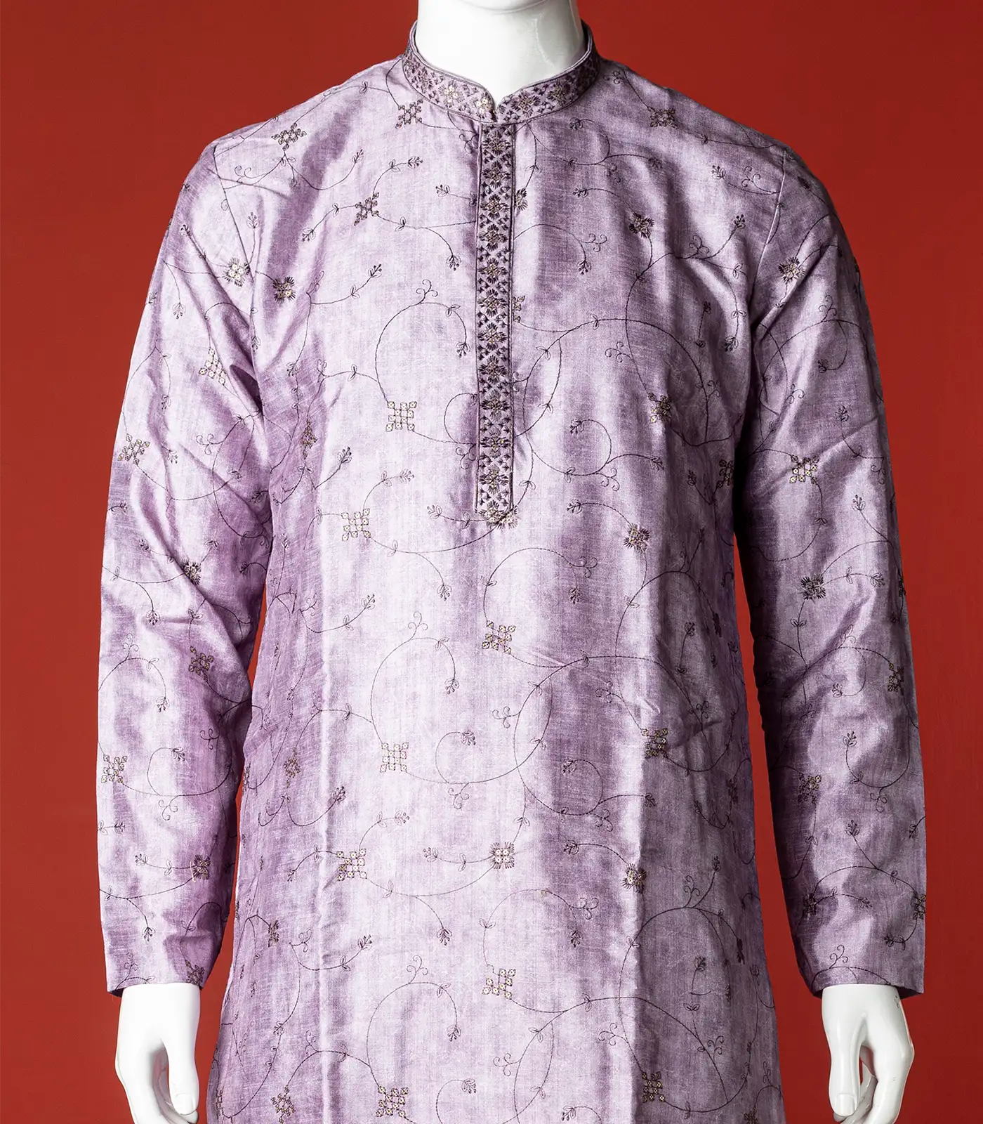 Purple Floral Embroidered Kurta With White Straight Fit Pants-Purple-40