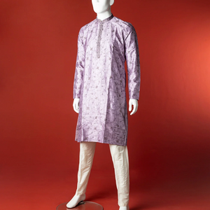 Purple Floral Embroidered Kurta With White Straight Fit Pants-Purple-40