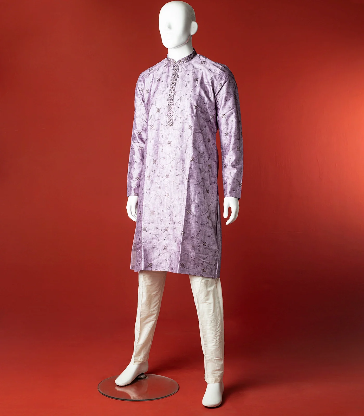 Purple Floral Embroidered Kurta With White Straight Fit Pants-Purple-40
