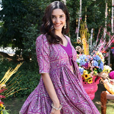 Geometric Purple Elegance Printed Satin Sharara Set