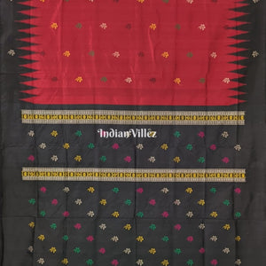 Black Red Floral Design Bomkai Silk Saree