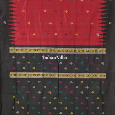 Black Red Floral Design Bomkai Silk Saree