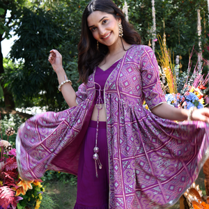 Geometric Purple Elegance Printed Satin Sharara Set
